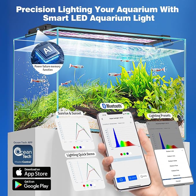 Bluetooth LED Aquarium Light with APP Control, 3 Modes for 48-54 Inch Fish Tank Light with Full Spectrum White Blue Red Green Lights, IP68 Waterproof with Extendable Brackets for Freshwater