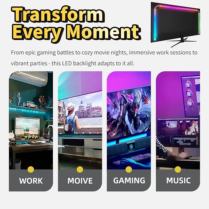 RGB Monitor Backlight with Screen Sync, Dual USB Powered Ambient Lighting Kit for 27 Inch Gaming Monitors, Music Mode, Immersive Dynamic LED Strip Lights for PC Setup (4 Sides - 27 inch)