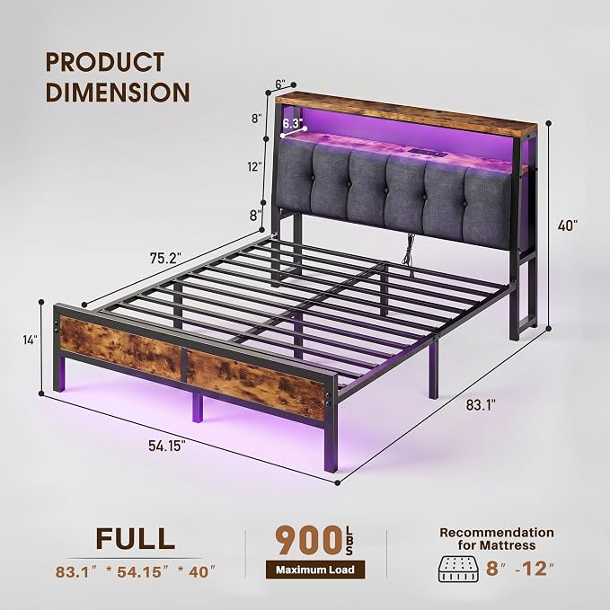 Homkdom Full Size Bed Frame with Headboard & Charging Station | Linen Upholstery, 2-Tier Shelf, 2 Outlets, USB-A, Type-C, RGB LED Remote, 12" Underbed Space, 900 lbs, No Box Spring, Brown