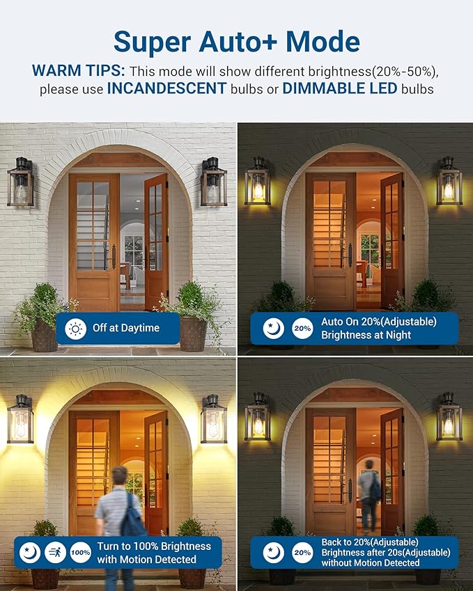 DEWENWILS Motion Sensor Outdoor Wall Lights, Dusk to Dawn Farmhouse Light | Clear Glass, Open Bottom, 3 Modes, 33FT Detection Range, 140° Sensing Angle, E26 Socket, Ideal for Doorway Garage Patio