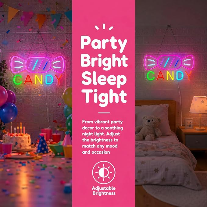 Candy Neon Sign for Wall Decor Candyland Party Decorations, Candy Bar Sign | Store Logo, Birthday Decorations, Candy Light for Candy Shop, Kids' Room, 6.5ft Dimmable USB Powered Colorful 15.7"x7.8"