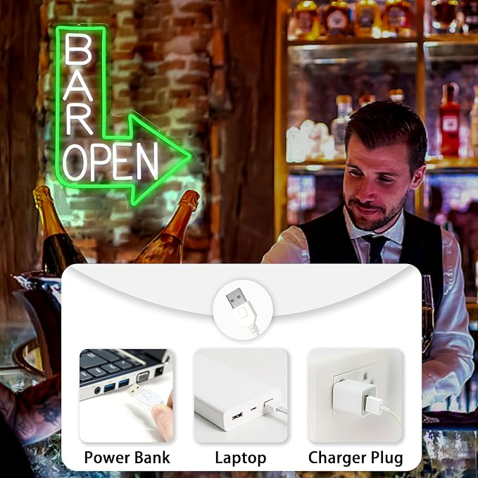 Bar Open Neon Sign for Wall Decor Dimmable Led Open Sign USB Powered Bar Arrow Light Up Sign for Man Cave Karaoke Restaurant Pub Cafe Salon (15.35 * 11.81)