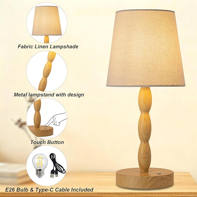 Rechargeable Cordless Table Lamp, 5000mAh Battery Powered Touch Desk Lamp, 3-Level & Stepless Dimmable Night Light, Portable Bedside Lamp for Bedroom, Outdoor, Bulb Included, Wood Grain