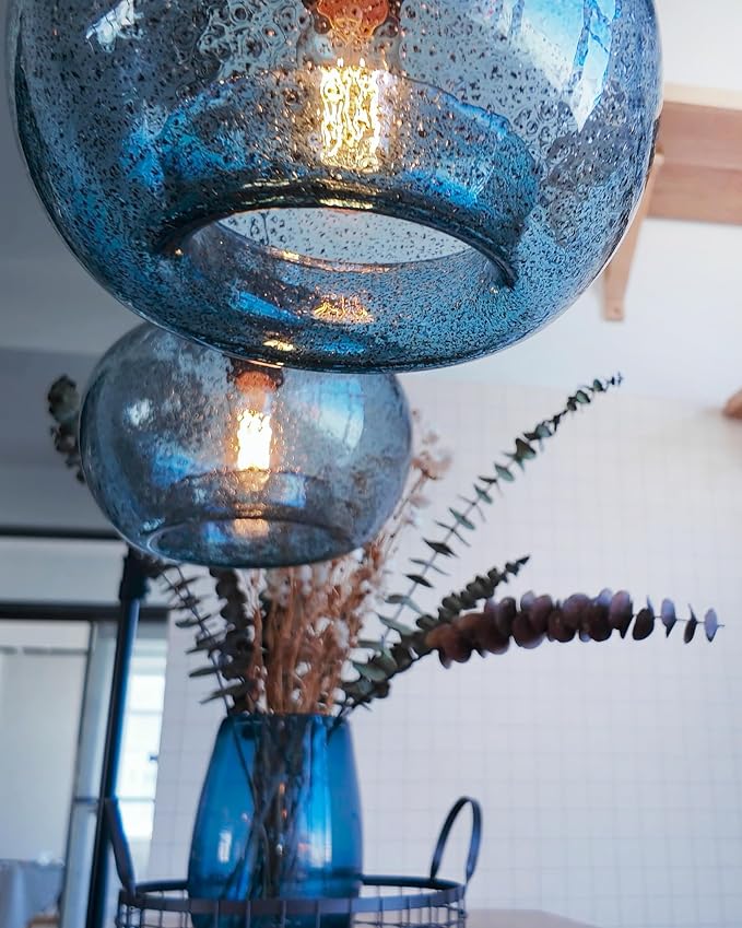 Glass Pendant Lights Kitchen Island, Marble Blue 8.7 Inch 2 Pack | Hand Blown Glass Ceiling Hanging Modern DiningTable,Adjustable Cord Brushed Nickel ETL Certification