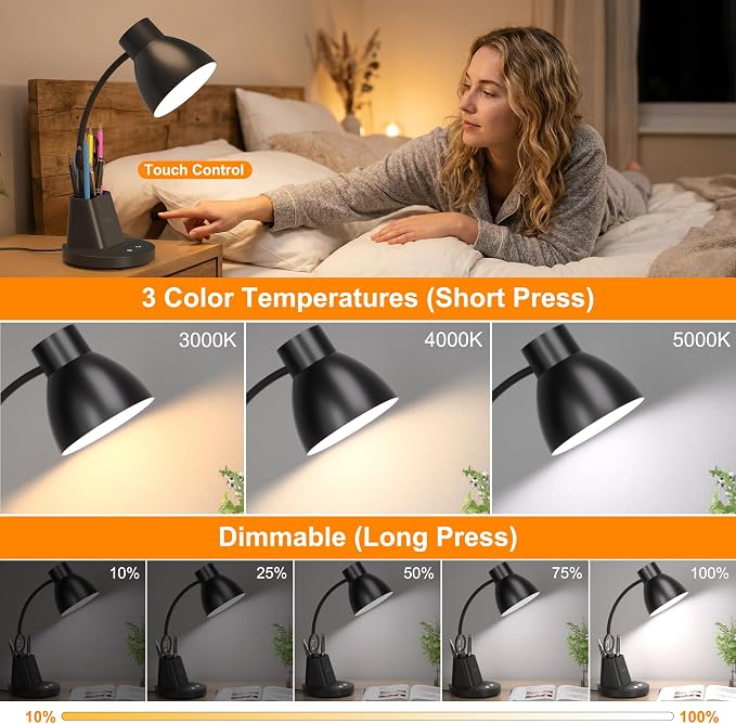 10W Wireless Charging LED Desk Lamp with Pen Holder, CRI 95, Black | 800LM, 3 Modes, 360°Flexible Arm, Touch, Brightness, Table Lamp for Home Office, Dorm, Bedside, Study, Reading, with Adapter