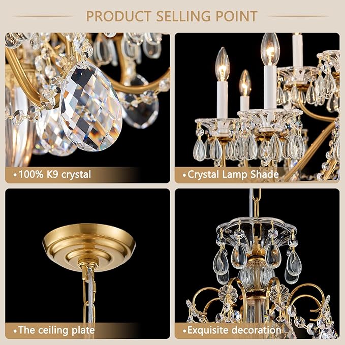 Vintage Crystal Chandelier 18-Lights Large Crystal Chandeliers for High Ceilings Brass Maria Theresa Chandelier Light Fixture for Living Room Hallway Hotel Banquet Hall Lobby Entrance Foyer Dia 37"