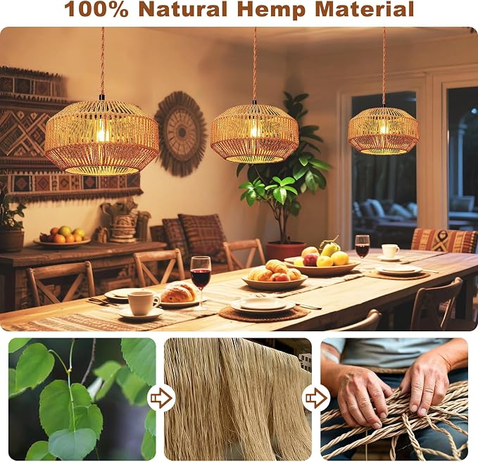 Maliralt Hanging Lamps Rattan Pendant Light Hanging Lights 16.4ft Plug in Cord Pendant Light Fixture Plug Into Wall Outlet Pendant Lighting with On Off Switch for Bedroom Living (Pumpkin Shade)