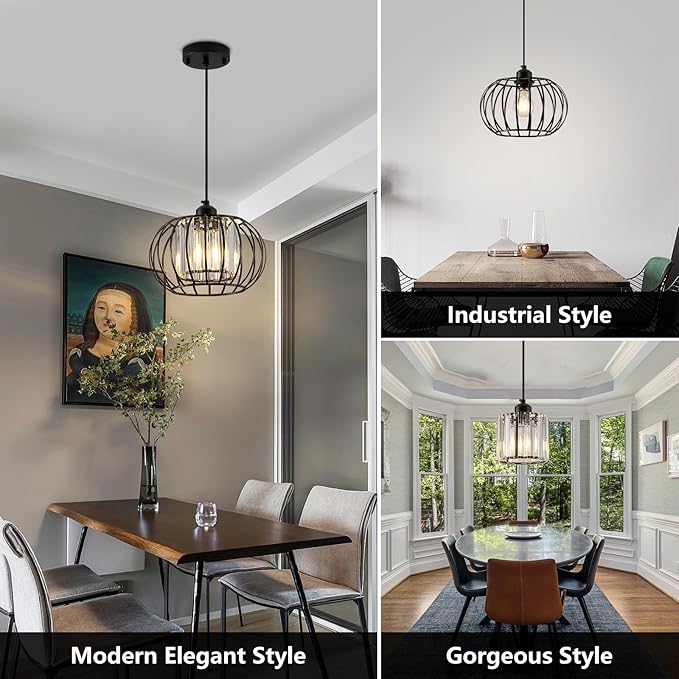 Black Pendant Light Fixture, Farmhouse Hanging Lights with Crystal, Adjustable Mini Kitchen Pendant Light, Modern Industrial Metal Wire Caged Hanging Pendant Lamp for Living Room, Bedroom