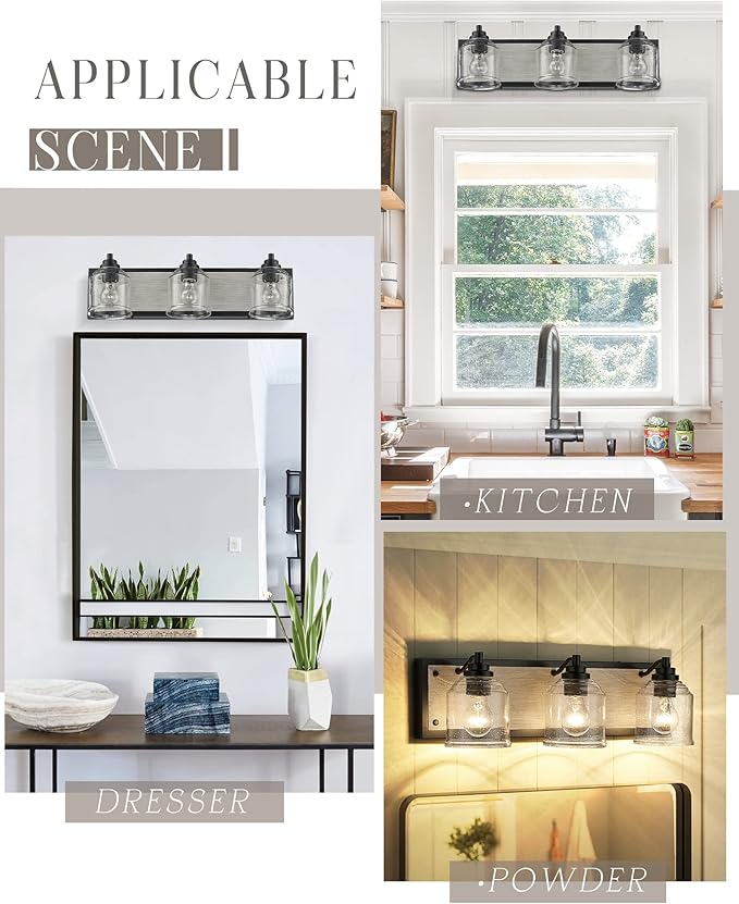 Vanity Lights for Bathroom Large 23", Farmhouse Rustic Vanity Light with Bubble Glass Shades, Gray 3 Light Bathroom Lighting Fixtures Over Mirror, Bath Wall Sconce Home Decor