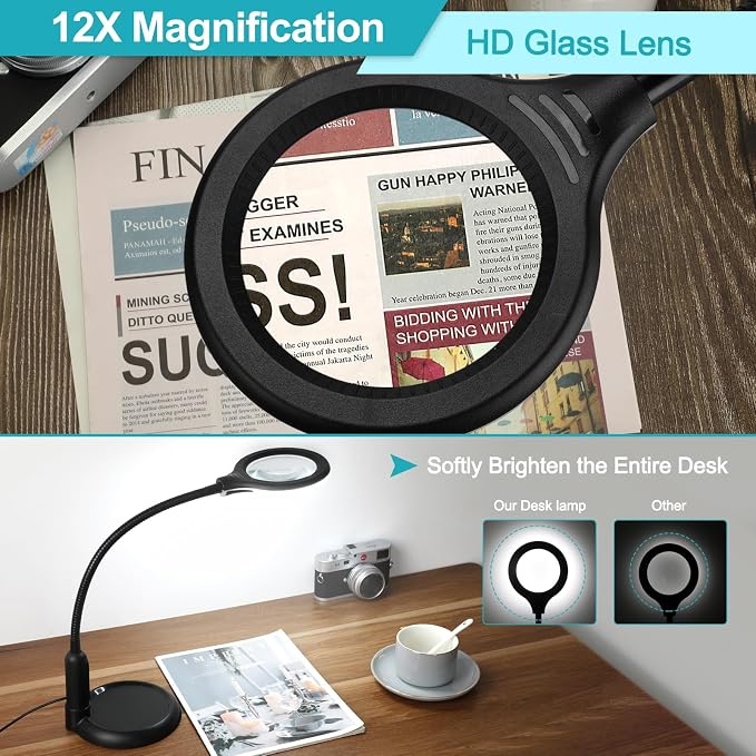 12X Magnifying Glass with Light and Clamp, 5 Color Modes Stepless Dimmable Lighted Magnifier with Stand, Flexible Gooseneck LED Desk Lamp Hands Free for Craft Reading Painting Hobby Close Work