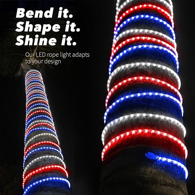WYZworks 108LEDs, 10ft LED American Flag Red White Blue Outside Rope Lights, Waterproof Permanent Outdoor ETL Certified, Connectable, Palm Tree Decorative Landscape Patio Accent Lighting - USA