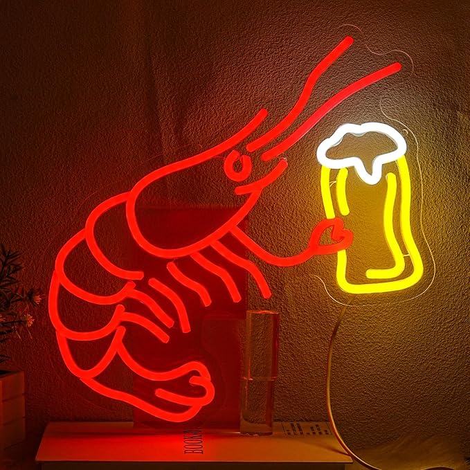 Shrimp Beer Neon Sign for Wall Decor Lobster Neon Light Bar Led Signs Red Shrimp Neon Light Up Sign for Bar Bedroom Shop Kitchen Mall Decoration