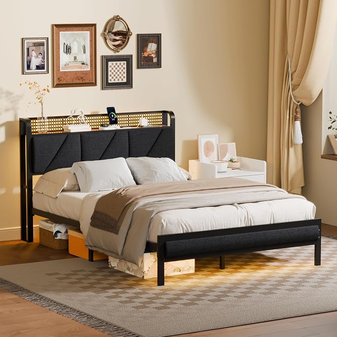 Full Size Bed Frame with Storage Shelf and Upholstered Headboard | Metal Platform Bed with LED Light, Charging Station and Heavy Duty Slats, No Box Spring Needed, Noise Free & Easy Assembly