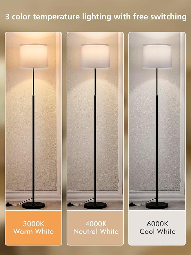 60" Modern Floor Lamp for Living Room Bedroom, Standing Lamp with White Linen Lampshade, Tall Lamp with A19 9W 3 Color Temperature Bulb, Foot Switch Control