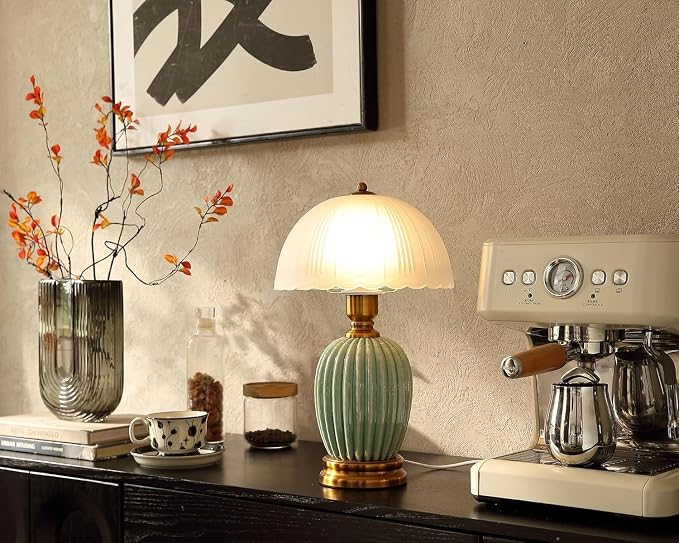 Glivpny 16" Vintage Ceramic Table Lamp for Bedroom,Mushroom Lamps (LD003) | Mid Century Modern Ceramic Lamps for Living Room,Retro Bedside Glass Lamps, Classic Chinoiserie Green Lamp for Home Decor