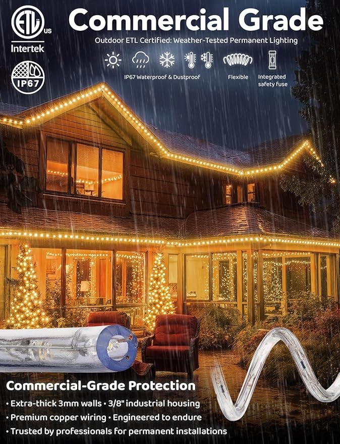 WYZworks 10ft LED Rope Lights, Permanent Outdoor Waterproof Connectable Flexible w/Clear PVC Tube, ETL Certified, Festive Holiday Christmas Lighting Garden Accent Lounge Terrace Decor - Warm White