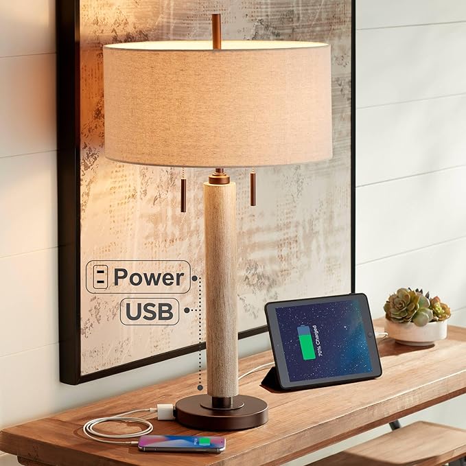 Franklin Iron Works Hugo 28 1/2" Tall Mid Century Modern Natural Cottage End Table Lamps Set of 2 USB Port Pull Chain White-Washed Wood Finish Oatmeal Shade Living Room Charging Bedroom Bedside