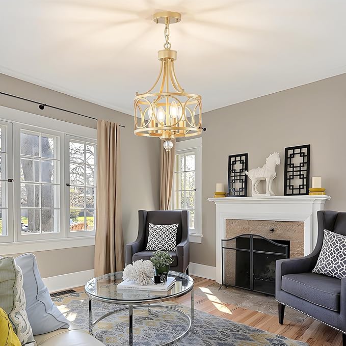Gold Chandelier,11.2in Farmhouse Lantern Pendant Light Fixture,Adjustable Hanging Ceiling Lamp,for Kitchen Island,Bedroom,Entryway,Dining Room