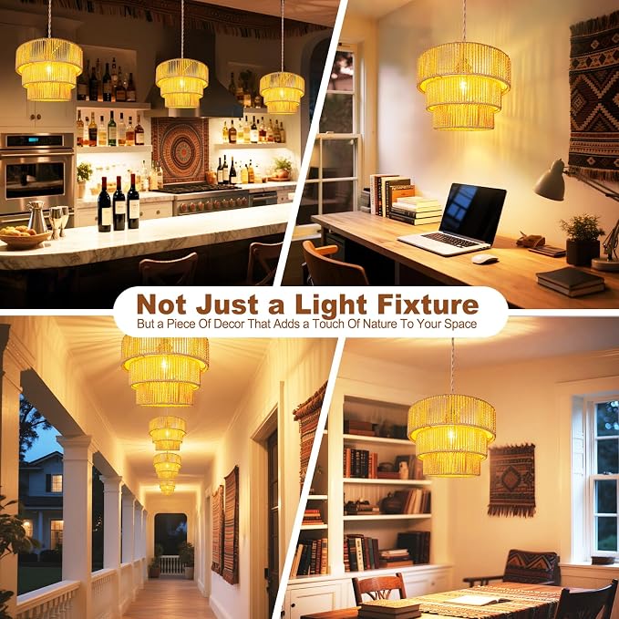 Maliralt Rattan Pendant Light Hanging Lamps - 16.4ft Plug in Cord Hanging Light Fixture Plug Into Wall Outlet Pendant Lighting with On Off Switch for Bedroom Living (3-Tier Rattan Lamp Shade)