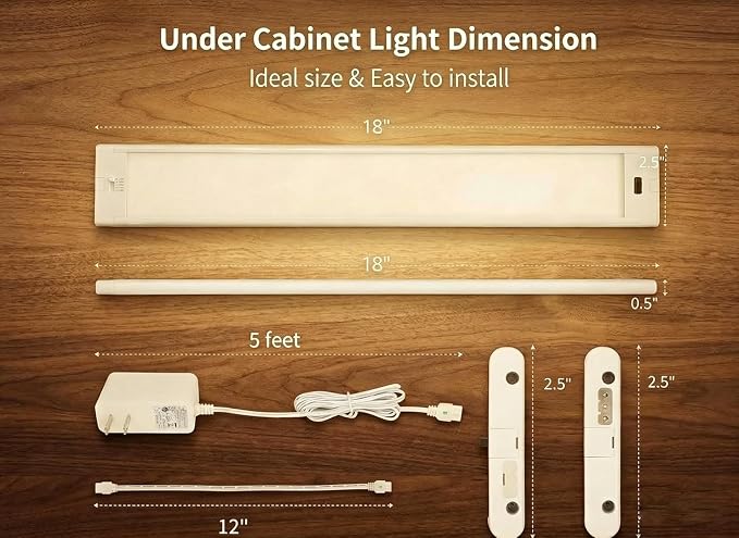 18 Inch Under Cabinet Lights in 2 Packs High Brightness Easy Install Plug, Hand Wave Activated LED Under Counter Lighting 5 CCT (2700K-6000K) Stepless Dimmable Linkable Closet Light, 450LM 8W