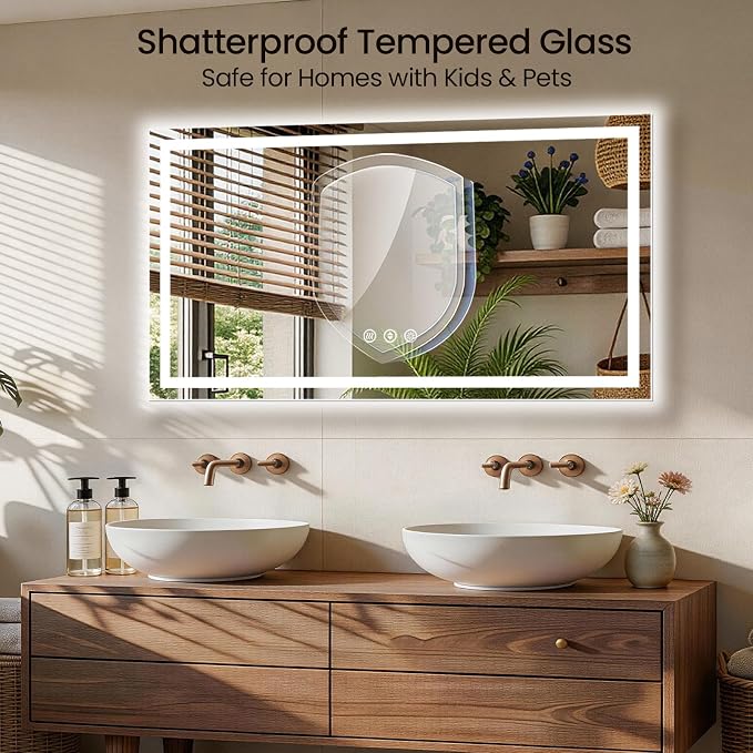 60x36 LED Bathroom Mirror with Anti-Fog, Backlit & Front Lit, Memory | Stepless Dimmable 3 Color CRI 95+ Shatterproof Tempered Glass ETL Listed for Safety Lighted Bathroom Vanity Mirror for Wall