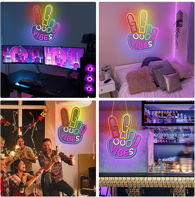 Good Vibes Neon Sign, LED Neon Light for Wall Decor, USB Powered Dimmable Sign with ON/OFF Switch, Colorful Room Decoration Light for Bedroom, Game Room, Bar, Party and Home Decor