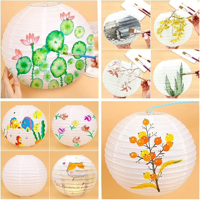 LIHAO 20PCS White Paper Lanterns with Lights, Round Hanging Chinese Lanterns Decorative for Wedding Anniversary Birthday Party Home Decor(Size of 6”, 8”, 10”, 12”)