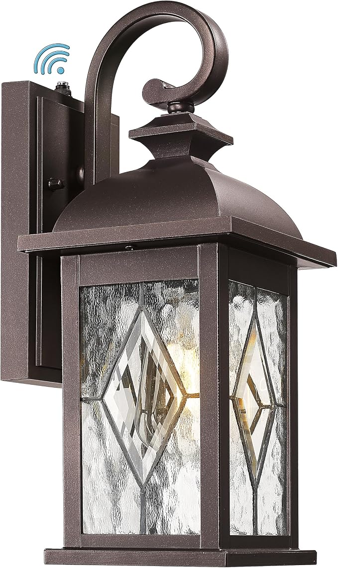 FEMILA Dusk to Dawn Outdoor Wall Light Fixtures, 15" Exterior Waterproof Wall Sconce, Front Porch Lights, ORB Finish with Hammered Glass, E26, UL Listed, 4FD54B-PC ORB-SD
