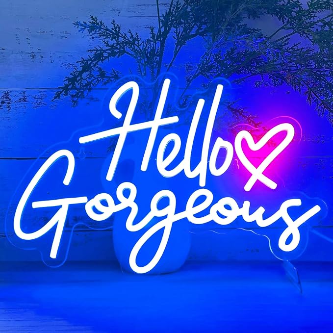Hello Gorgeous Neon Signs for Wall Decor with Heart, Blue Hello Gorgeous LED Sign Lights for Bedroom Dorm Salon Wedding Party, Cute Makeup Dressing Beauty Room Decor, Preppy Girls Woman Cave