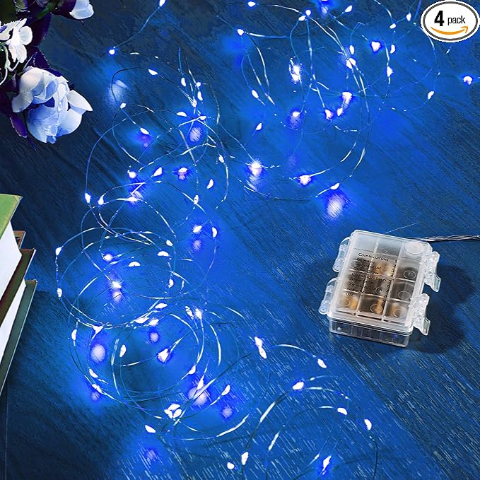 Ariceleo 4 Pack 16.4 Ft. Battery Operated Outdoor String Lights with Remote & Timer, LED Blue Fairy Lights, Waterproof Twinkle Lights for Bedroom, Dorm, Mason Jar, Wedding, Party, Christmas