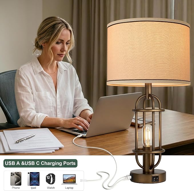 Reaketon Table Lamps for Living Room Set of 2, 22.3" Farmhouse Lamps for Nightstand, Industrial Table Lamps for Bedroom with USB Ports