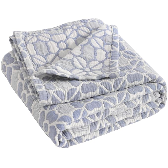 NTBAY 3 Layer Muslin Toddler Blanket, 30 x 40, Blue Clover | Breathable Muslin Cotton Outer Layers with Light Thermal Fill, Reversible for Stroller, Daycare, Travel, and Supervised Use