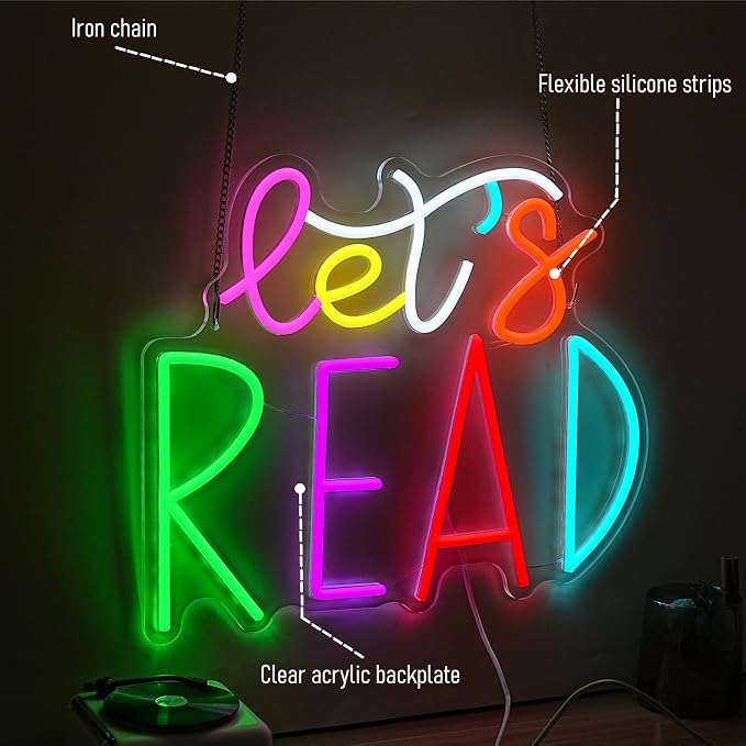 Let's Read Neon Sign for Wall Decor Neon Light Reading USB Powered Reading Motivational Light LED Sign for Classroom School Study Space Bedroom Club(12.6 * 15.35In)
