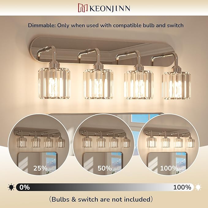 Keonjinn 5-Light Crystal Bathroom Light Fixtures Over Mirror, Chrome | Vanity Lighting Fixture with Square Shades, Dimmable, Modern Style, Compatible with E26 Base LED Bulbs (Blub Not Included)
