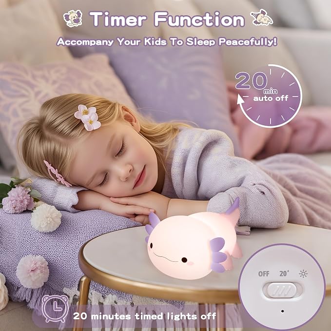 FAMIDUO Purple Axolotl Night Light for Kids,LED Squishy Bedside Touch Lamp | BPA-Free Soft Silicone,Dimmable,20Min Timer,Rechargeable Nursery Light, Girls Room Decor,Cute Gifts for Mom Baby Toddler
