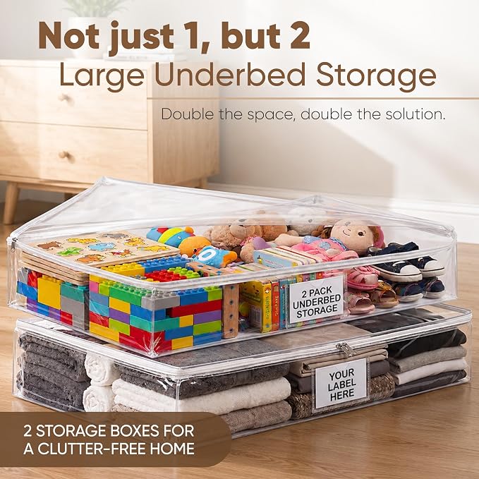 Masirs Clear Underbed Storage Bag, Durable Vinyl Material to Shield Your Contents from Dust, Dirt and Moisture, Easy Gliding Zipper for Easy Access and Label Pocket for Easy Identification, (2-Pack)