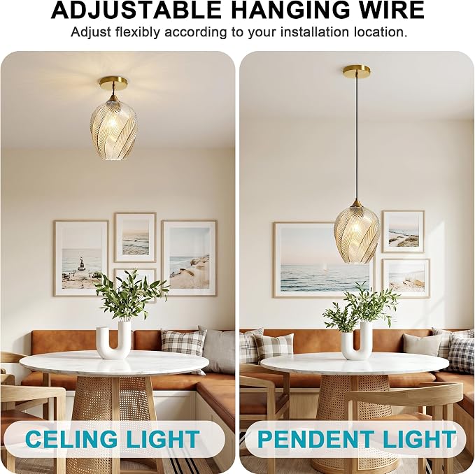 Amber Glass Pendant Lights Kitchen Island Gold Hanging Ceiling Light 8" | 1 Pack, Adjustable height, Dimmable, E26 bulbs, Rust-resistant Damp Rated For Bathrooms, 5-Year Warranty, UL Certification