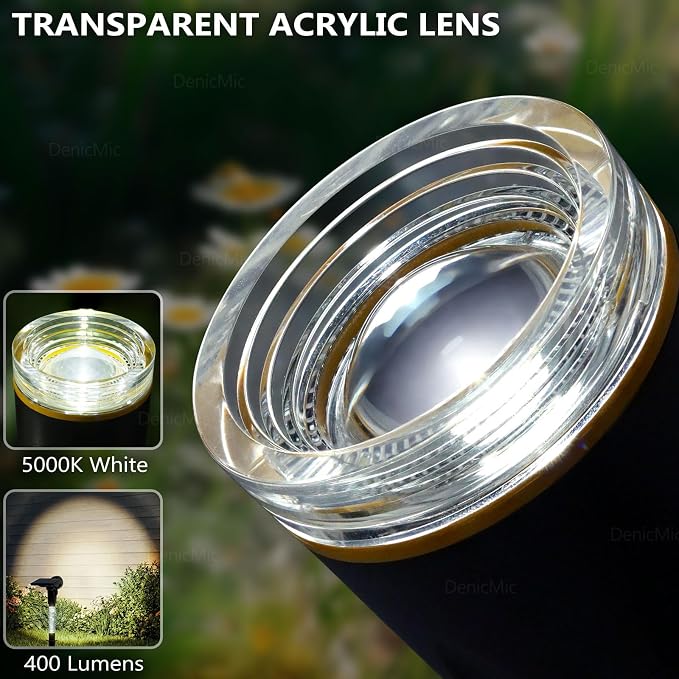 DenicMic Solar Spot Lights Outdoor Waterproof 5000K Lens LED Spotlights | Adjustable Angel Long Range Solar Lights Outdoor for Yard Garden Patio Wall Tree Landscape, Acrylic Lighted Pole, 4 Pack