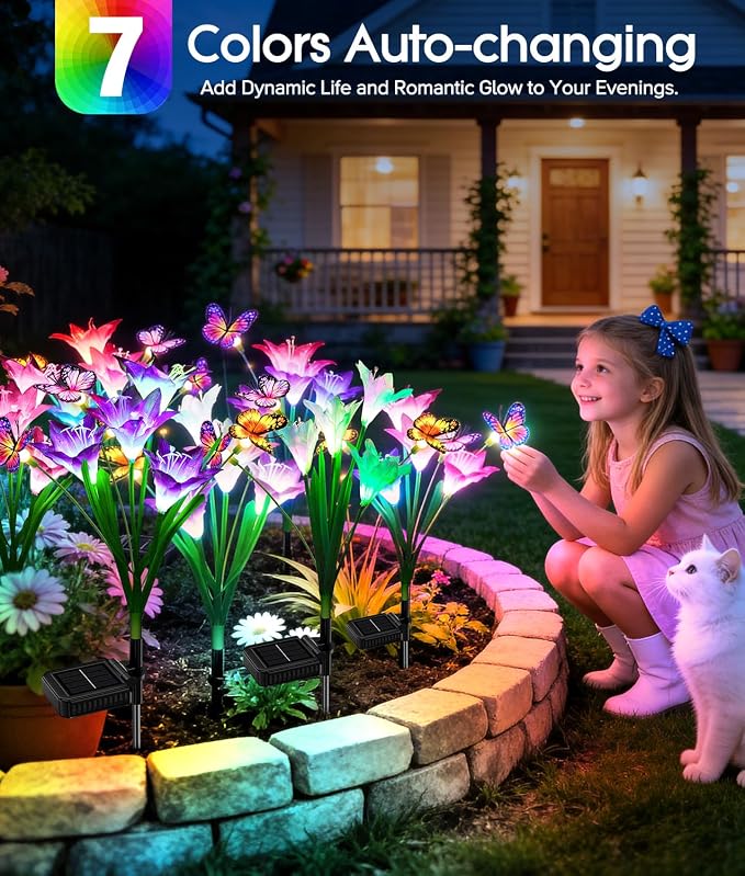 KOOPER Solar Lights Outdoor Garden Decor 10 Pack, 40 Lily Flowers and 30 Swaying Butterflies, IP65 Waterproof 7 Color Changing Solar Flower Lights for Yard Patio Pathway, Gifts for Mom Women Grandma