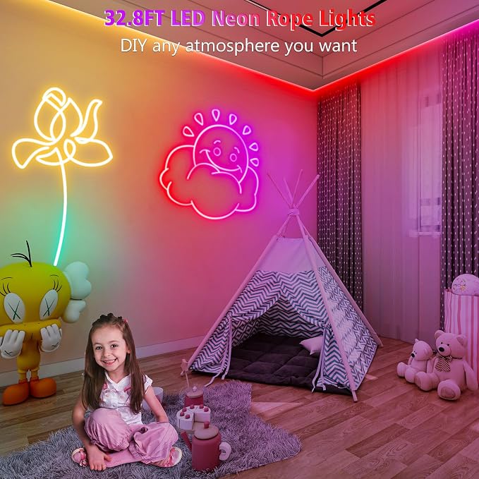 32.8Ft LED Neon Rope Lights, RGB Built in Chip Neon Strip Lights | Waterproof Led Neon Lights with Remote APP Control, Music Sync, 24V IP68 for Bedroom Gaming Room Outdoor