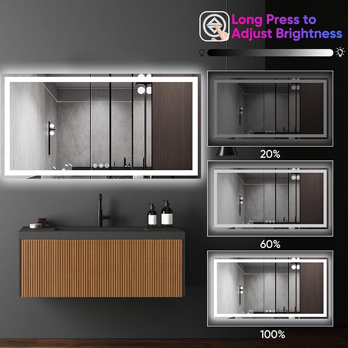 Antok 60x28 LED Bathroom Mirror with Lights, Backlit + Front Lit Vanity Mirror with CRI>90, Dimmable Anti-Fog Smart Mirror with Memory Function, 11 Color Temperatures, Shatterproof Tempered Glass, ETL