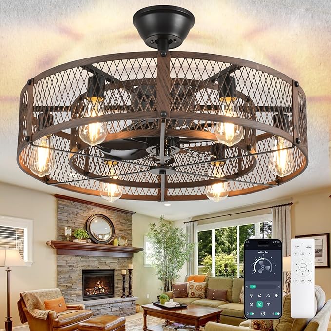 DLLT Caged Ceiling Fan with Lights: 26" Bladeless Fandelier with Light and Remote - Walnut Industrial Chandelier Fan Light for Bedroom Living Dining Room Kitchen