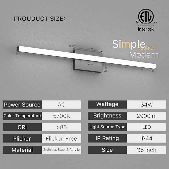 36Inch LED Bathroom Vanity Light Bar 5700K Dimmable Led Bathroom Light Over Mirror Modern Bath Wall Light Cool White ETL Certified 34W