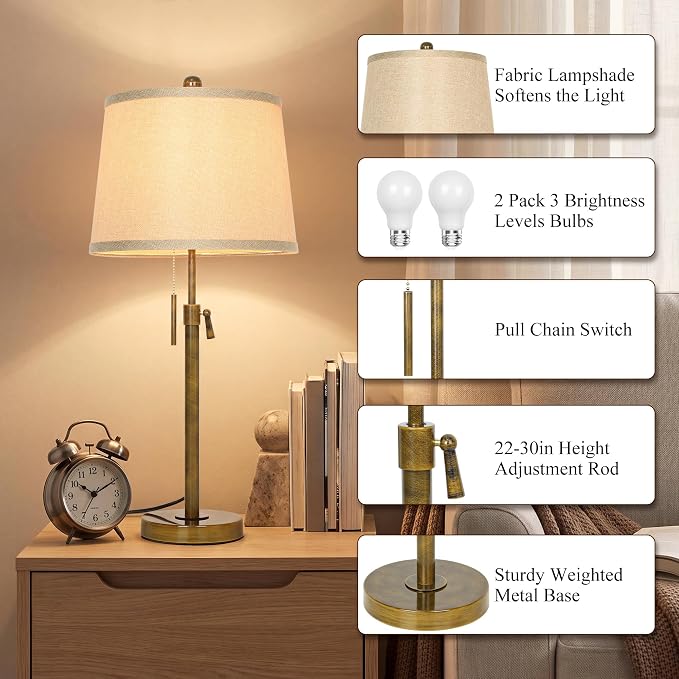 Antique Bronze Table Lamps Set of 2 Adjustable Height 22" to 30"Tall 3 Brightness Way Bedside Nightstand with Pull Chain Switch Pole Lights for Living Room Guest Bedroom End Table(Bulbs Included)