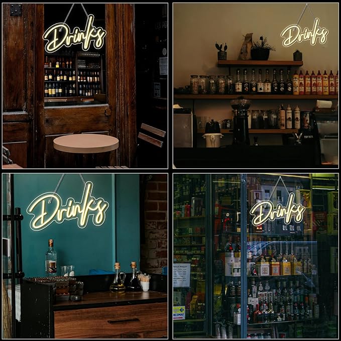 Looklight Drinks Neon Sign,Letters Bar Neon Light,Led Neon Signs for Wall Decor,Warm White Neon Light Sign,USB Light Up Sign for Kitchen Restaurant Bar Cart Accessories Christmas