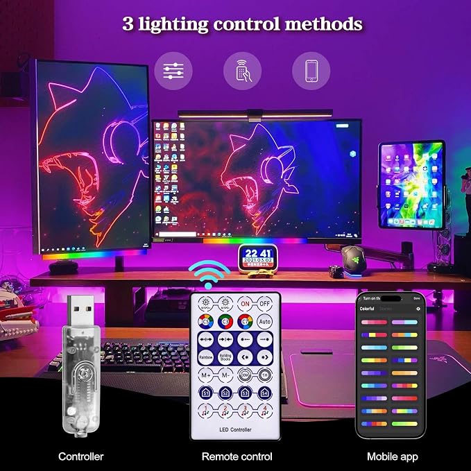 RGB LED Monitor Ambient Light Bar, 16 Inch USB Powered, APP Control & Music Sync, 16 Million Colors Dimmable, Gaming/Desk Display Backlight