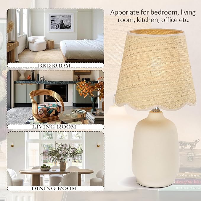 19" Modern Ceramic Table Lamp for Living Room Cream Base Desk Lamps for Bedroom Farmhouse Bedside Nightstand Lamp End Table Lamps,Beige,Rattan Shade