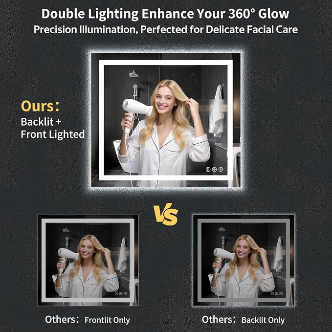 36"x40" LED Bathroom Mirror with Lights, Backlit+Frontlit, Anti-Fog | CRI 95, Stepless Dimmable, 3 Colors Lighting, Shatterproof Tempered Glass, HD Reflection, Memory, (Horizontal/Vertical)