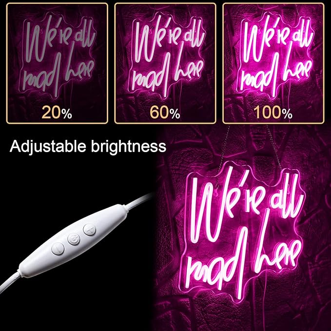 WLHOPE We're All Mad Here Neon Sign Pink Neon Signs for Wall Decor Alice In Wonderland Party Decorations Connectivity Via Neon Light for Bedroom Home Dorm Wedding Party Bar Pub Salon Christmas Gifts