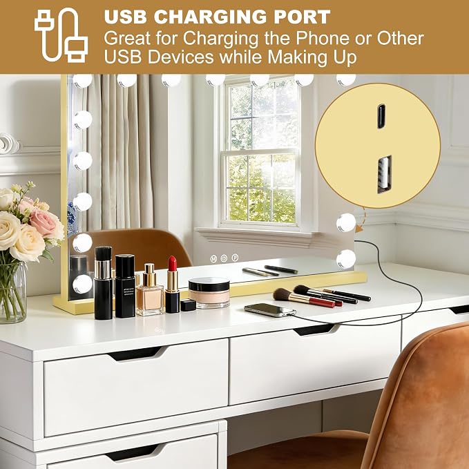Moonee Vanity Mirror with Lights, Gold Hollywood Lighted Makeup Mirror with 17 Dimmable Bulbs and 10X Magnification, 3 Colors Modes, Aluminum Metal Frame, Light Up Mirror for Tabletop/Wall（28" x 20"）